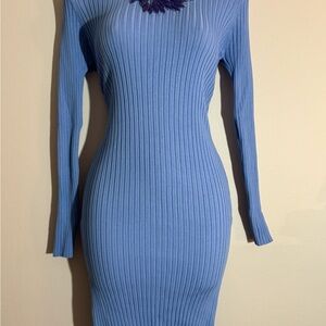 No Ruche At All Sweater Mini Dress - Elegant Blue Ribbed Dress